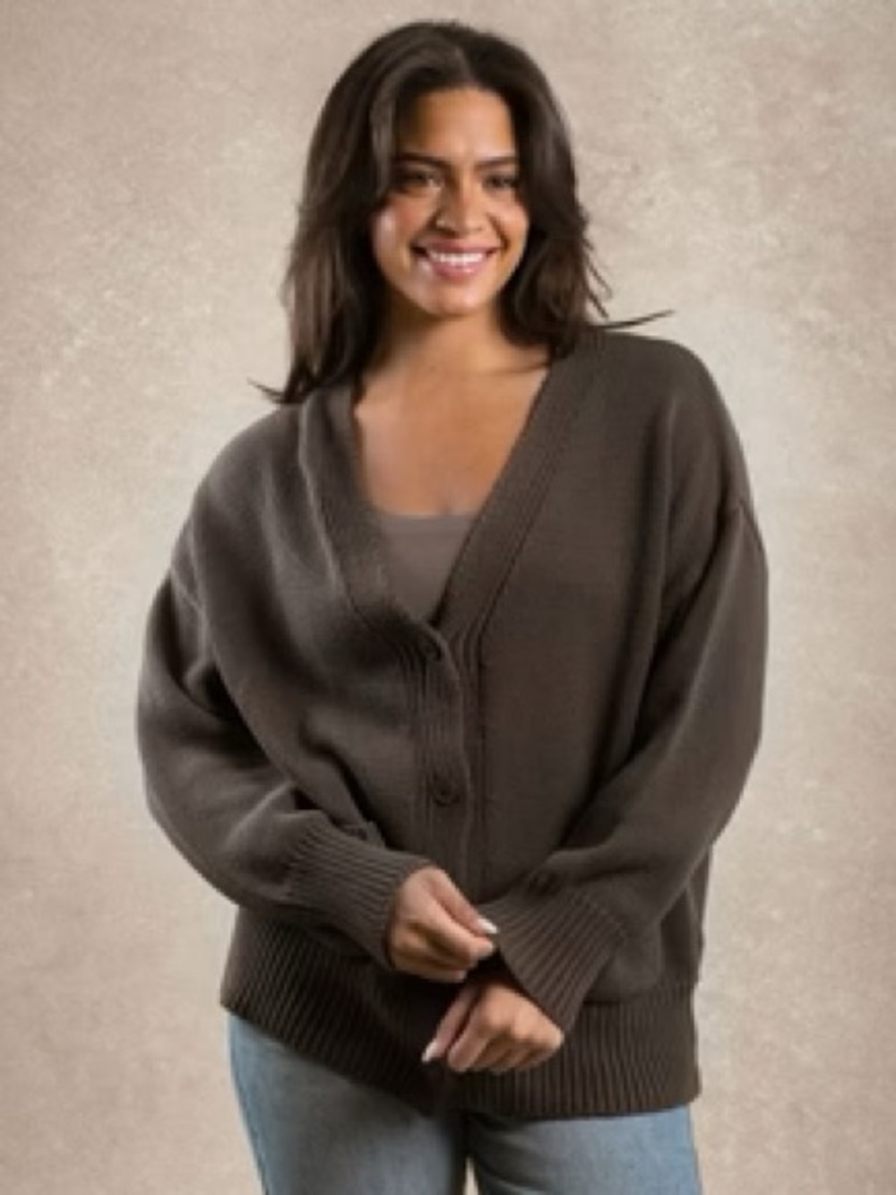 Neuflora Meredith Cardigan Oversized V-Neck Button Cardigan Sweater - Brown
